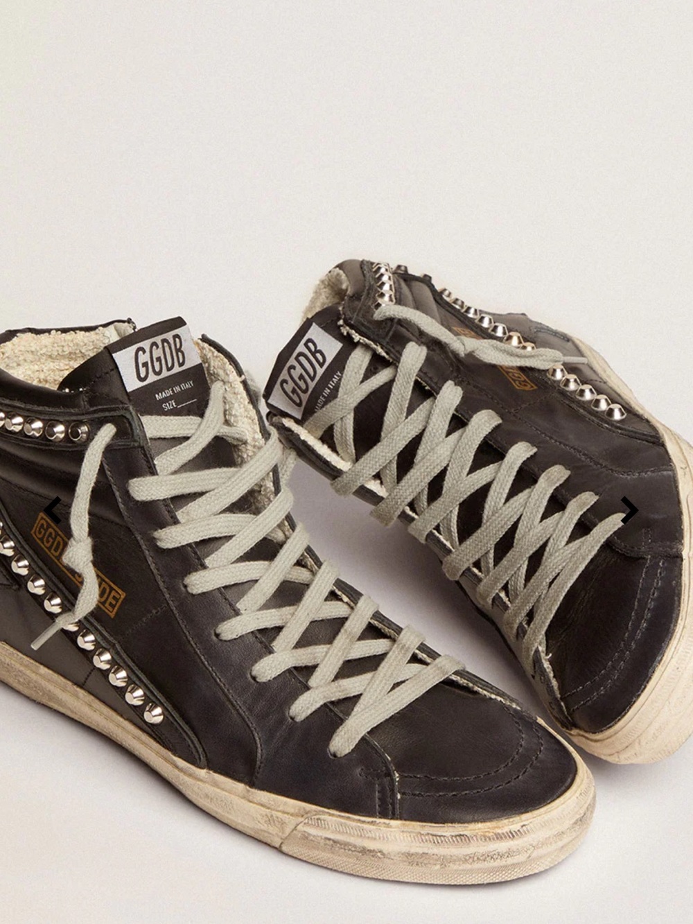 Golden Goose Black Leather High-Top Sneakers with Cream Laces and Silver Studs